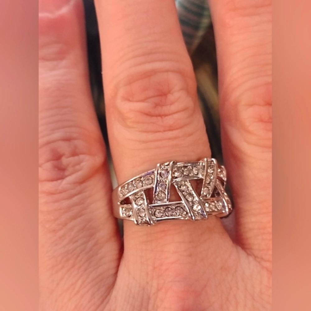 Size 8 - 925 Sterling Silver Plated CZ Ribbon Cuff Ring